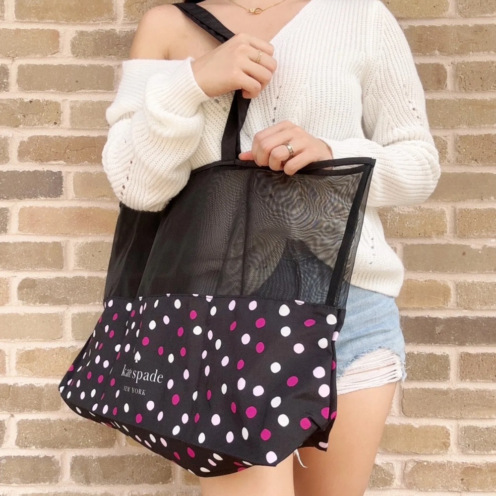 Kate Spade Black Mesh XL Large Tote White Pink Purple Polka Dot - Picture 2 of 2